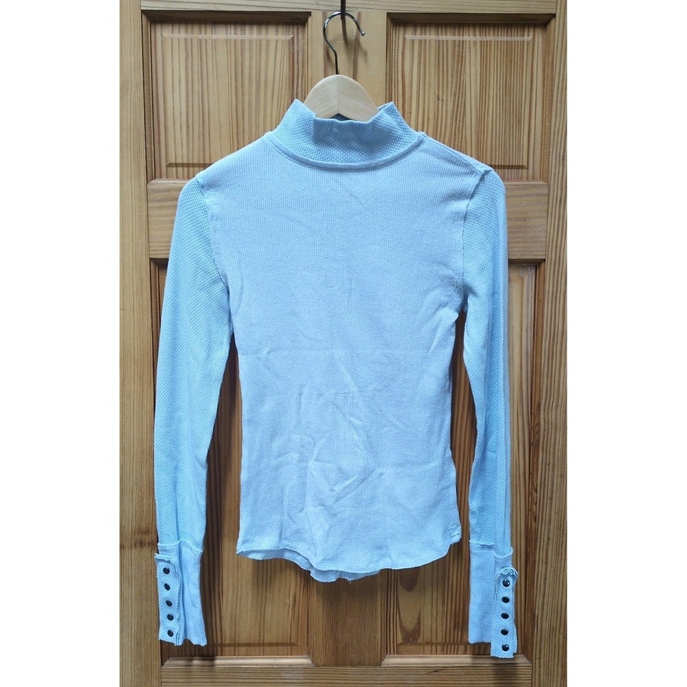 NEW Sz S We The Free People Womens Freya Mock Neck Thermal Top Snap Cuffs Blue